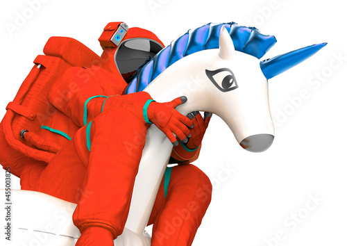 astronaut is riding a inflatable unicorn on white background close up view
