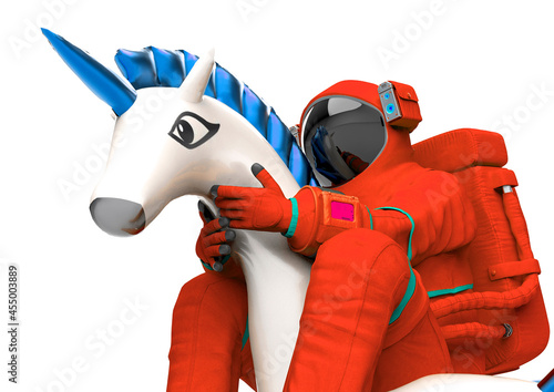 astronaut is riding a inflatable unicorn on white background side close up view