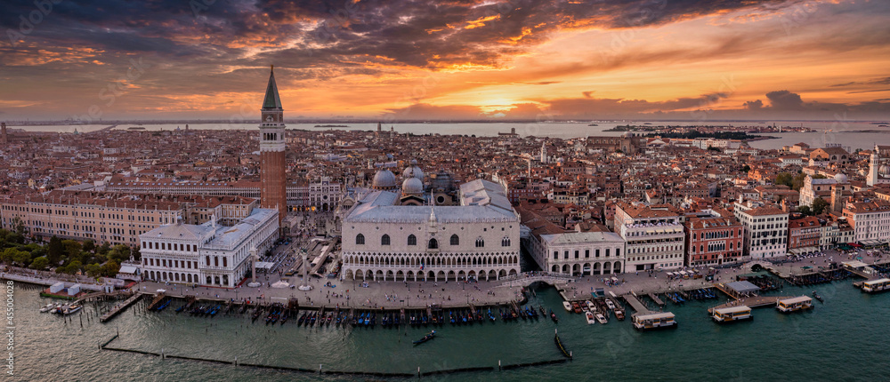 Panorama aerial photo of San Giorgio Maggiore island in the middle of Venetian Lagoon, northern Italy, Venice, Giudecca canal.