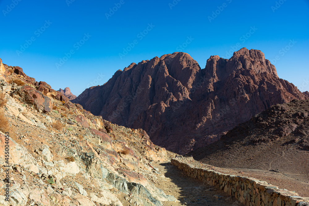 Egypt, trail to Mount Moses on a bright sunny day, mountain view