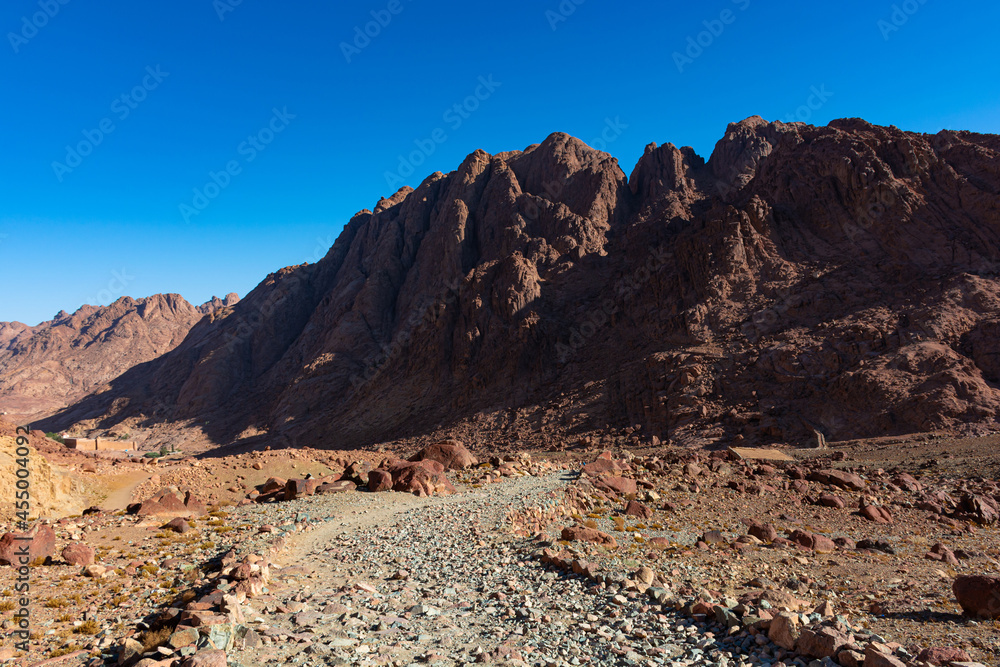 Fototapeta premium Egypt, trail to Mount Moses on a bright sunny day, mountain view