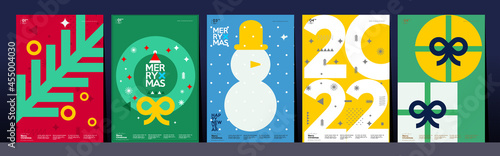 Merry Christmas and Happy New Year! Winter. Holiday Party. Simple background. Trendy style. Cover, invitation or poster design. Vector illustration.