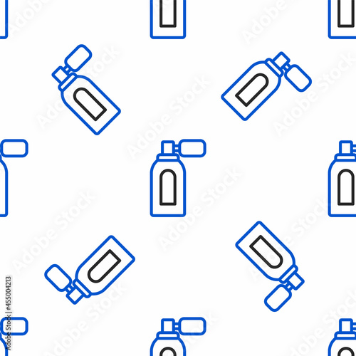 Line Aftershave bottle with atomizer icon isolated seamless pattern on white background. Cologne spray icon. Male perfume bottle. Colorful outline concept. Vector