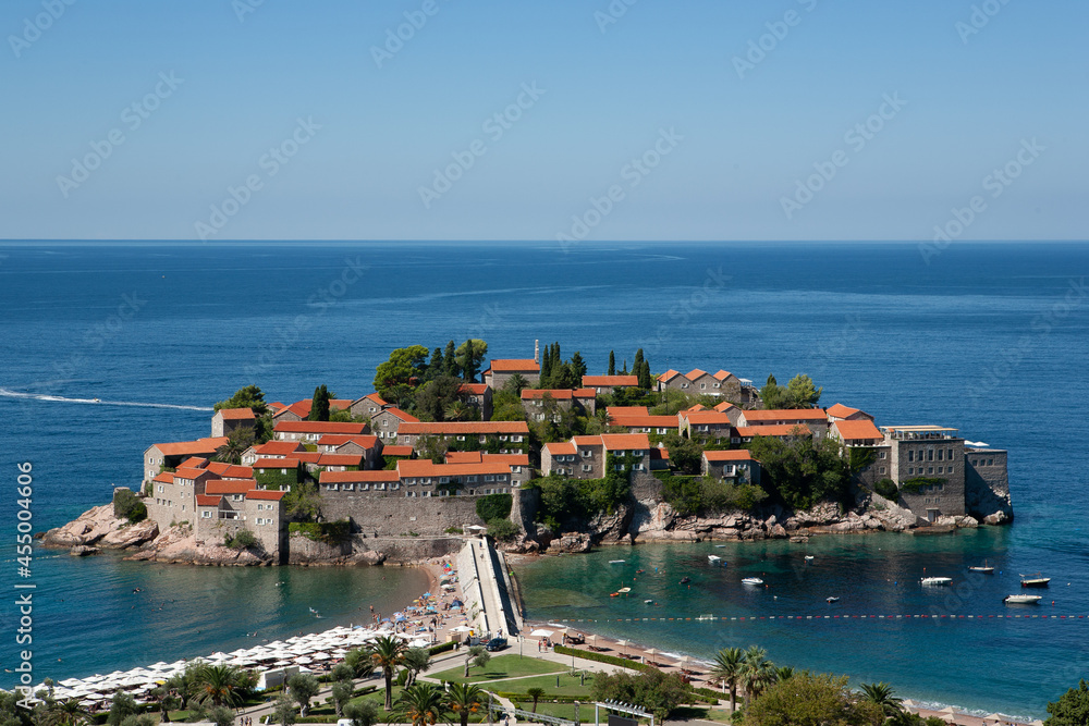 Beautiful view of the island of St. Stephen at sunny day, Montenegro. Aman Sveti Stefan, Budva