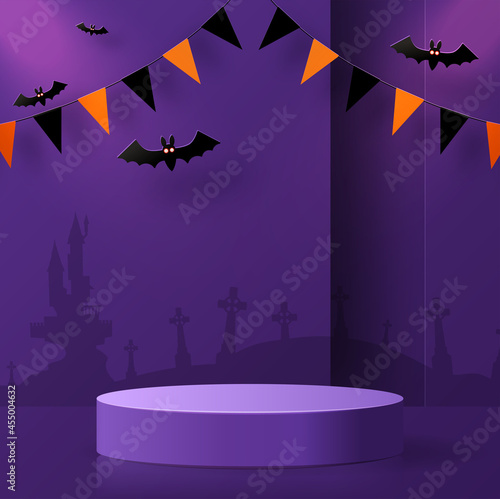 Halloween background design with 3d Podium round, square box stage podium ghost, pumpkin, bat, lamp, gravestone, moon, night, spooky,gravestone and paper cut art elements craft style on background.
