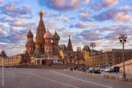 Moscow attractions. Russia architecture. St. Basil's Cathedral. St. Basil's Cathedral on summer day. Panorama of Moscow. Road leading to red square. Moscow in sunny weather. Sights of Russia cities