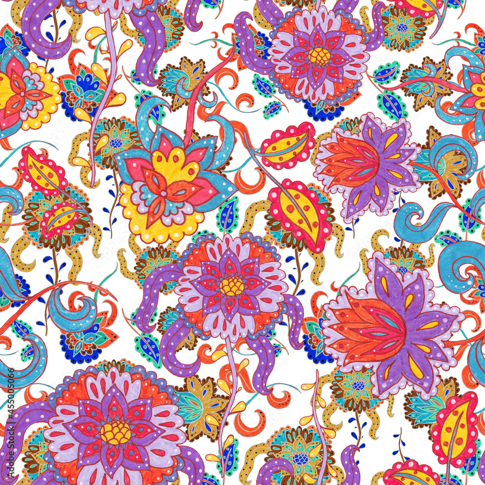 Watercolor seamless pattern with flowers and leaves in ethnic style. Floral decoration. Traditional paisley pattern. Textile design texture.Tribal ethnic vintage seamless pattern.