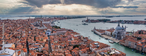 Aerial View Of Venice near Saint Mark's Square, Rialto bridge and narrow canals. Beautiful Venice from above.
