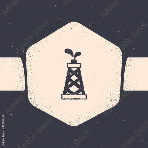 Grunge Oil rig icon isolated on grey background. Gas tower. Industrial object. Monochrome vintage drawing. Vector