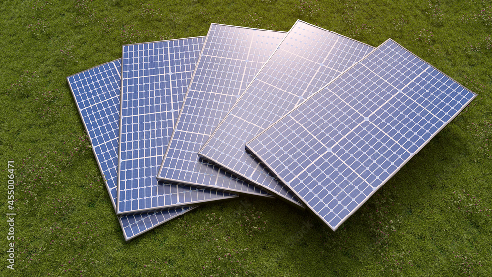 Pile of five solar panels on a green grass lawn. Green energy 3d ...