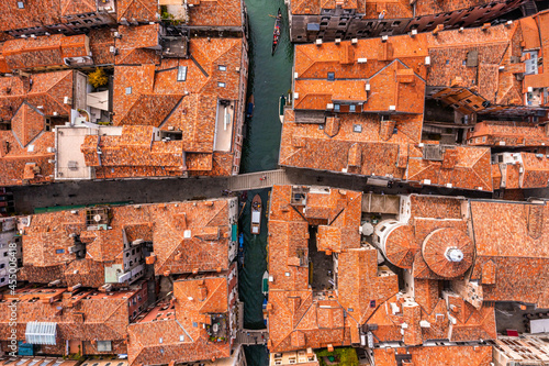 Aerial View Of Venice near Saint Mark's Square, Rialto bridge and narrow canals. Beautiful Venice from above.