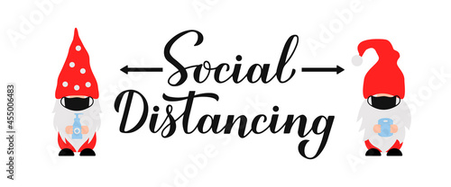 Social distancing calligraphy hand lettering with cute masked gnomes. Coronavirus COVID pandemic restriction. Vector template for safety measure sign typography poster, banner, flyer, sticker.