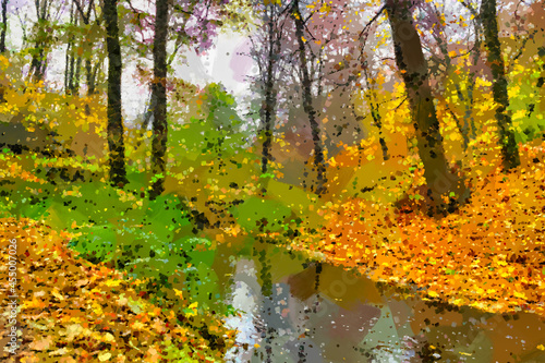 Oil paintings landscape  digital art  autumn leaves in the park. Fine art  artwork.