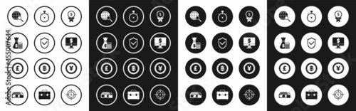 Set Reward for good work, Shield with check mark, Calculator money bag, Magnifying glass globe, Computer monitor dollar symbol, Stopwatch, Coin Yen and pound sterling icon. Vector