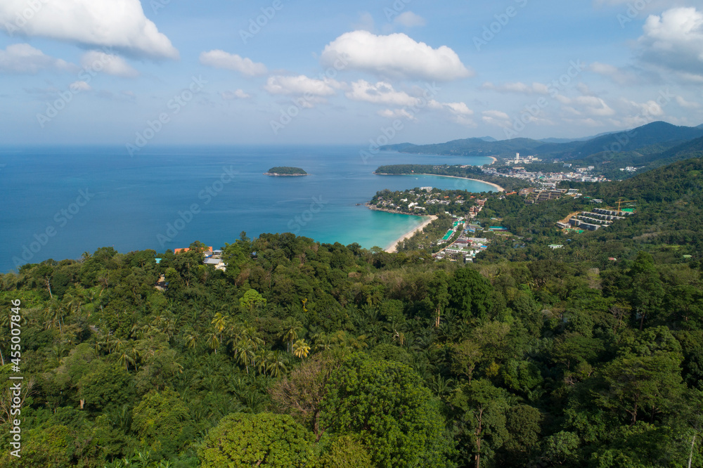 Aerial view drone shot of beautiful landscape 3 bays view point at Kata,Karon beach Viewpoint in Phuket island Thailand,Beautiful landmark travel place view point nature in phuket.