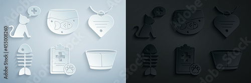 Set Clipboard with medical clinical record pet, Collar name tag and heart, Fish skeleton, Protective cone collar, Aquarium fish and Veterinary symbol icon. Vector