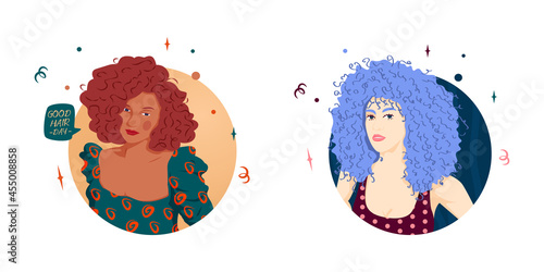 Set of Flat Illustration vector graphic of cute latina girl with wavy blonde hair. brown beautiful girl