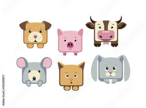 Set of six square vector animals on white background