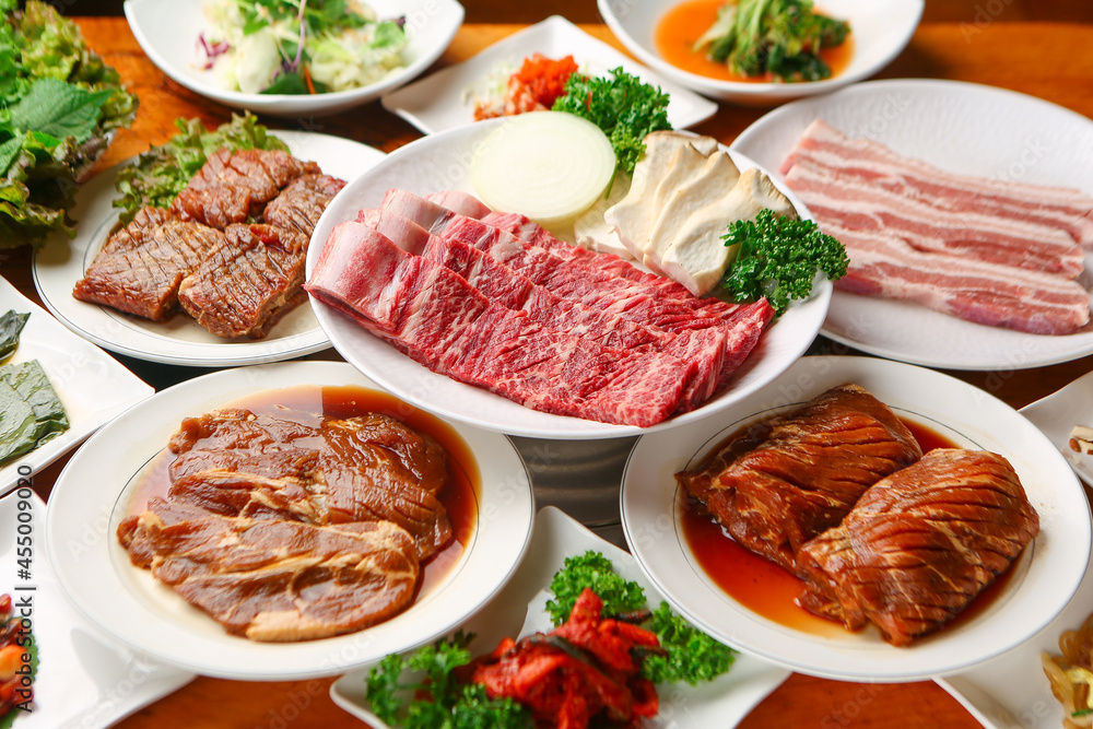It looks delicious. Pork belly, seasoned galbi, meat 먹음직스러운 돼지고기 삼겹살 양념갈비 고기 모듬 It looks delicious. Pork belly, seasoned galbi, meat 먹음직스러운 돼지고기 삼겹살 양념갈비 고기 모듬