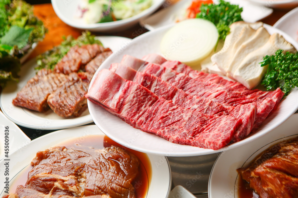 Fototapeta premium It looks delicious. Pork belly, seasoned galbi, meat 먹음직스러운 돼지고기 삼겹살 양념갈비 고기 모듬