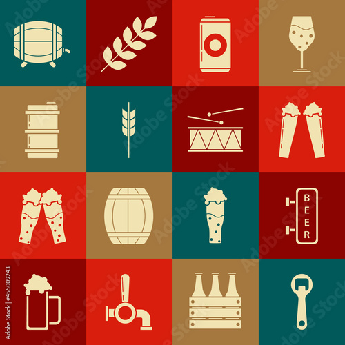 Set Bottle opener, Glass of beer, can, Cereals set rice, wheat, corn, oats, rye, barley, Metal keg, Wooden barrel rack stopcock and Musical instrument drum and drum sticks icon. Vector