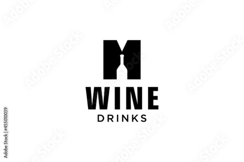 initial letter M with wine bottle logo design template