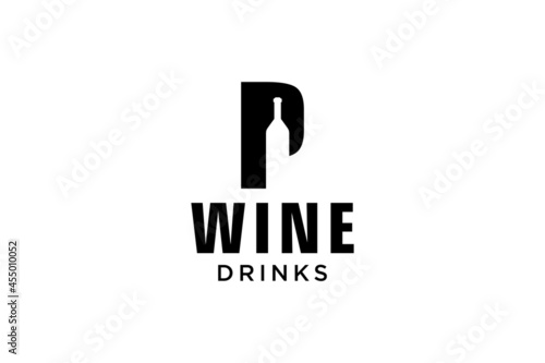 initial letter P with wine bottle logo design template