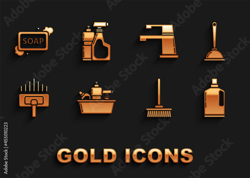 Set Plastic bottles for liquid dishwashing liquid, Toilet plunger, Mop, Vacuum cleaner, Water tap, Bar of soap with foam and icon. Vector