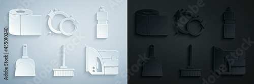 Set Mop, Plastic bottles for liquid dishwashing liquid, Dustpan, Electric iron and towel, Washing dishes and Toilet paper roll icon. Vector