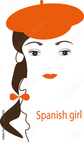 portrait of a girl. Spanish girl.  Illustration of a girl with brown eyes in an  orange beret on a white background.