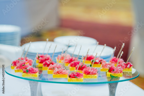 sandwich, mini canapes, buffet food, catering food party at restaurant, snacks and appetizers, mini cake, food for the event 