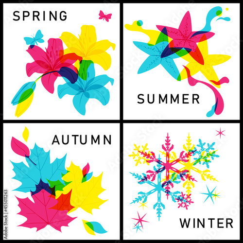 Four seasons grid in offset print style on white
