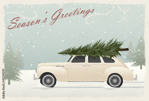 A vintage car with a Christmas tree on top, greeting card style with grunge texture 