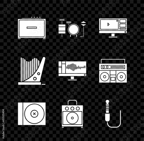 Set Guitar amplifier, Drums, Video recorder or editor software on monitor, CD DVD disk, Audio jack, Harp and Sound audio icon. Vector