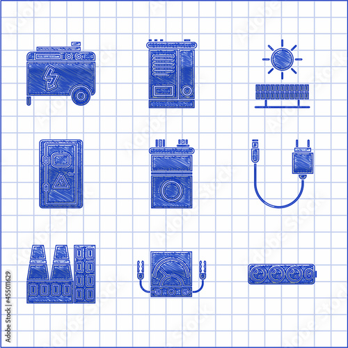 Set Car battery, multimeter, voltmeter, Electric extension cord, Charger, Power station plant and factory, Electrical cabinet, Solar energy panel sun and Portable power electric generator icon. Vector