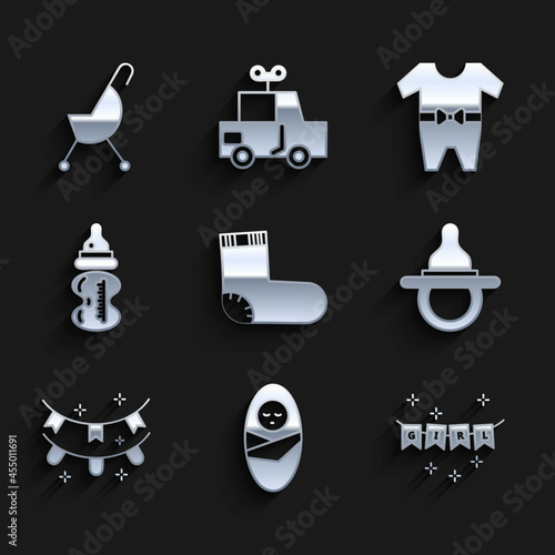 Set Baby socks clothes, Newborn baby infant swaddled, Carnival garland with flags, dummy pacifier, bottle, and stroller icon. Vector