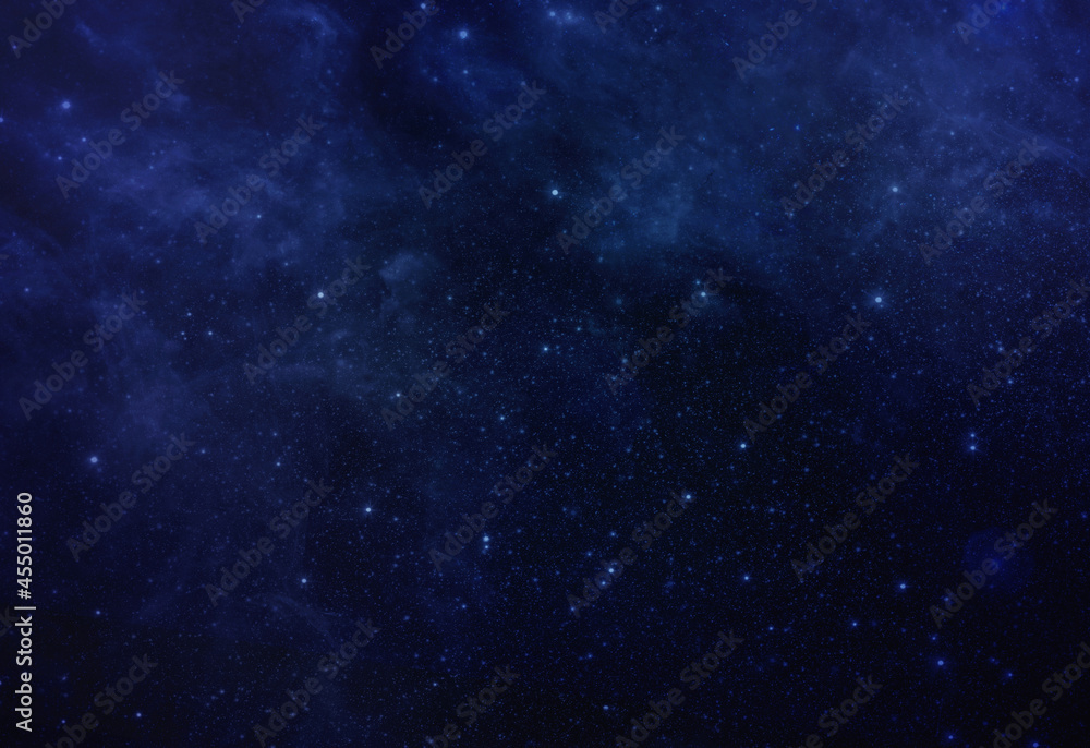 Star in Blue Space background. Star field, cosmos cloud, galaxy, night starry sky, blue shining star, starlight sparkles in blue universe space background. Colorful Starry Night Outer Space background