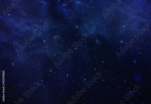 Star in Blue Space background. Star field, cosmos cloud, galaxy, night starry sky, blue shining star, starlight sparkles in blue universe space background. Colorful Starry Night Outer Space background