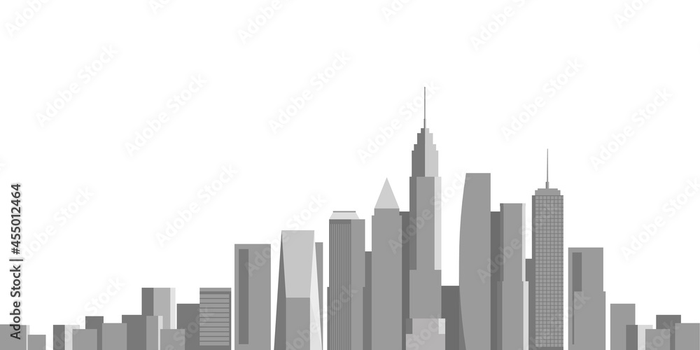 Cityscape on white background, Building perspective, Modern building in the city skyline, city silhouette, Business center, Vector illustration in flat design.