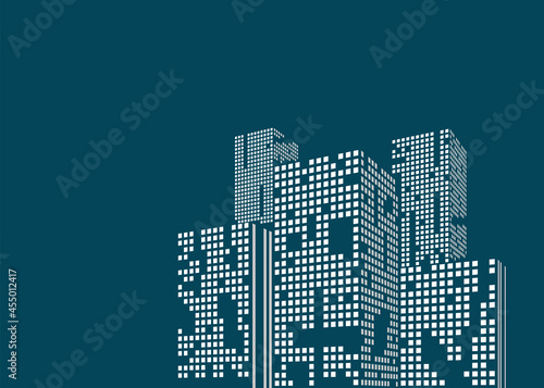 Cityscape on white background, Building perspective, Modern building in the city skyline, city silhouette, Business center, Vector illustration in flat design.