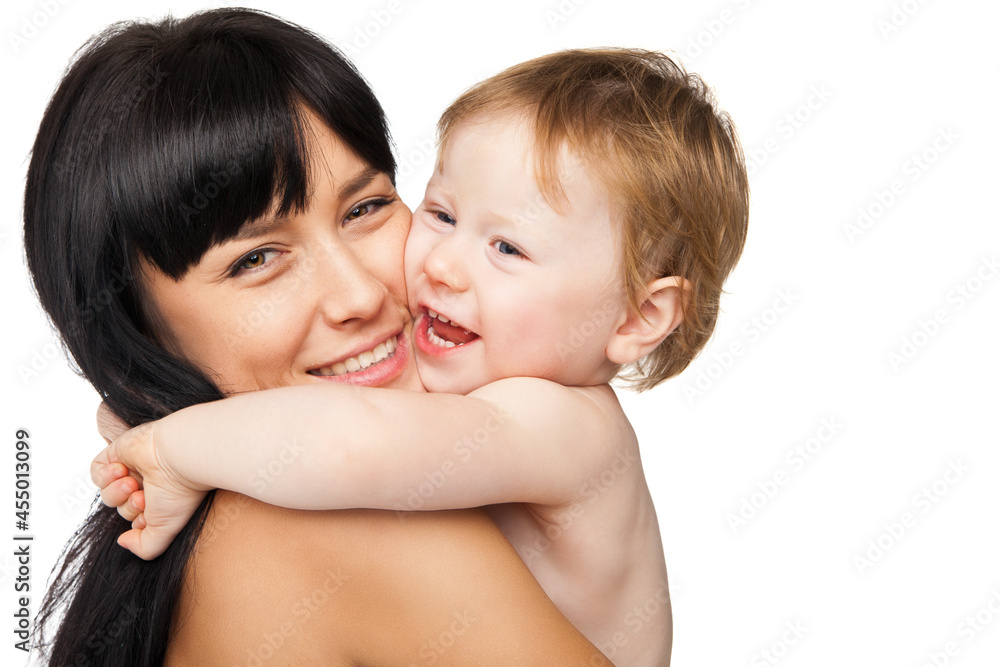 Mother with her baby after bathing in white towel Mother with her baby after bathing in white towel