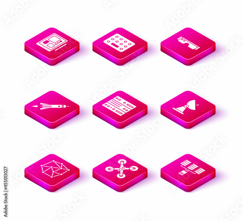 Set Neural network, Drone flying, Rocket ship with fire, Server, Data, Web Hosting, Radar, Smart glasses and Pills blister pack icon. Vector