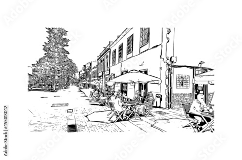 Building view with landmark of  La Laguna is the 
city in Spain. Hand drawn sketch illustration in vector.