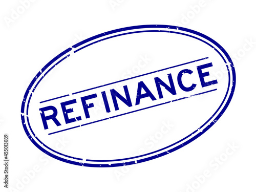 Grunge blue refinance word oval rubber seal stamp on white background