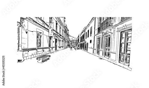 Building view with landmark of  La Laguna is the 
city in Spain. Hand drawn sketch illustration in vector.