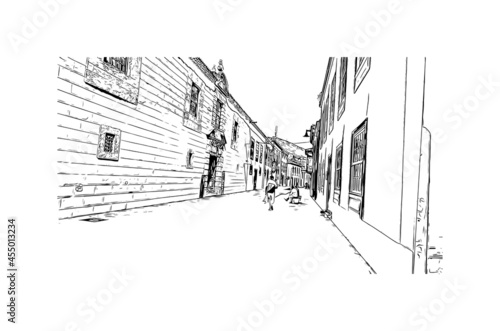 Building view with landmark of  La Laguna is the 
city in Spain. Hand drawn sketch illustration in vector.