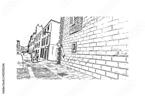 Building view with landmark of  La Laguna is the 
city in Spain. Hand drawn sketch illustration in vector.