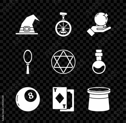 Set Witch hat, Unicycle or one wheel bicycle, Magic ball hand, of predictions, Playing cards, Magician, mirror and Star David icon. Vector