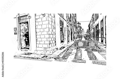 Building view with landmark of  La Laguna is the 
city in Spain. Hand drawn sketch illustration in vector.