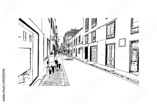Building view with landmark of La Laguna is the city in Spain. Hand drawn sketch illustration in vector.